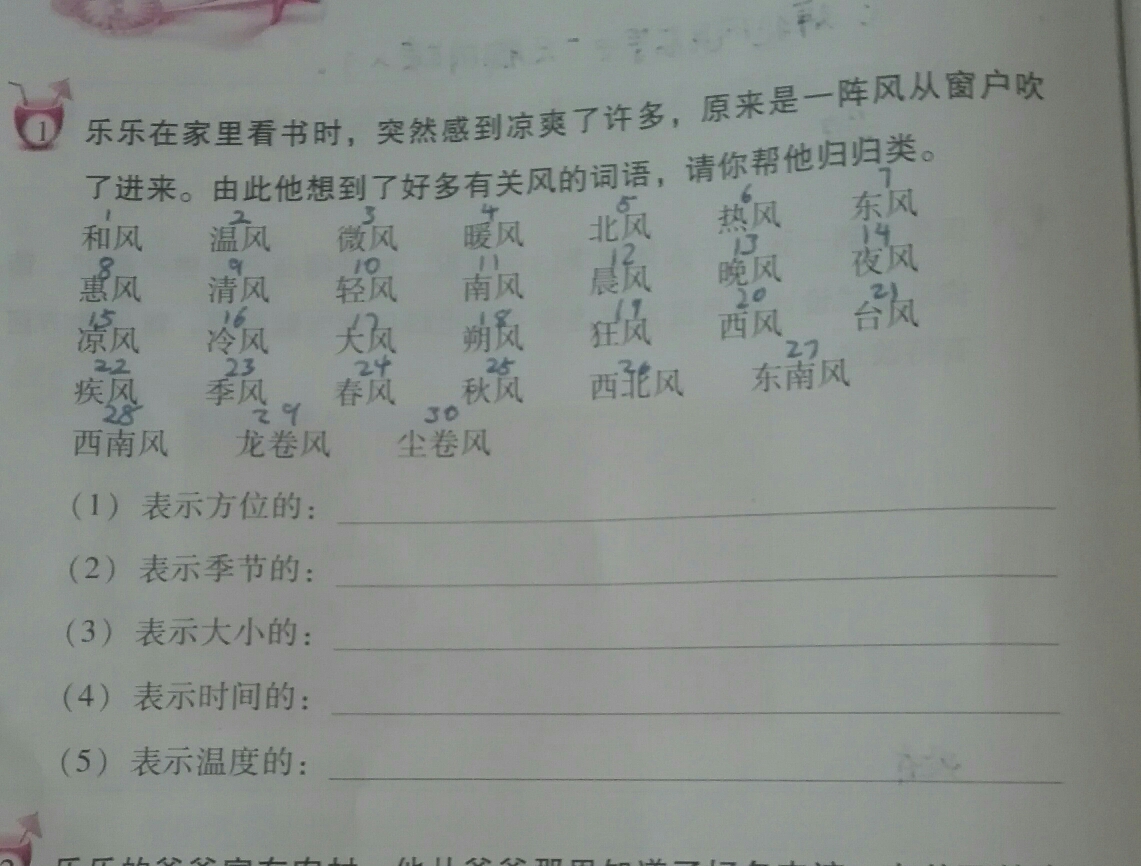 东风,南风,西风,西北风,东南风,西南风 2,春风,秋风,季风 3,和风,微风